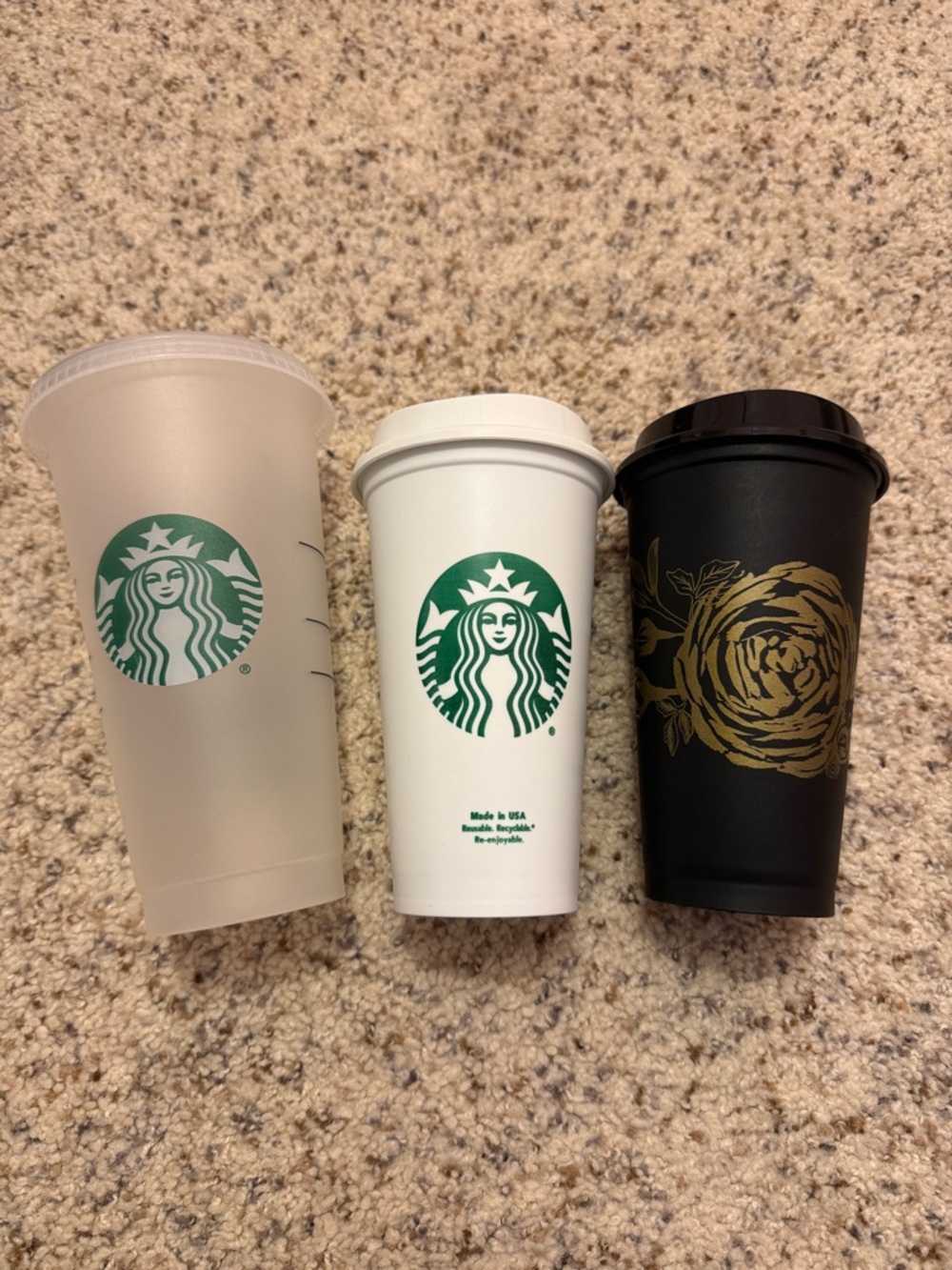 Starbucks Reusable Cups Set - Green Logos, Black with Gold Floral, Frosted